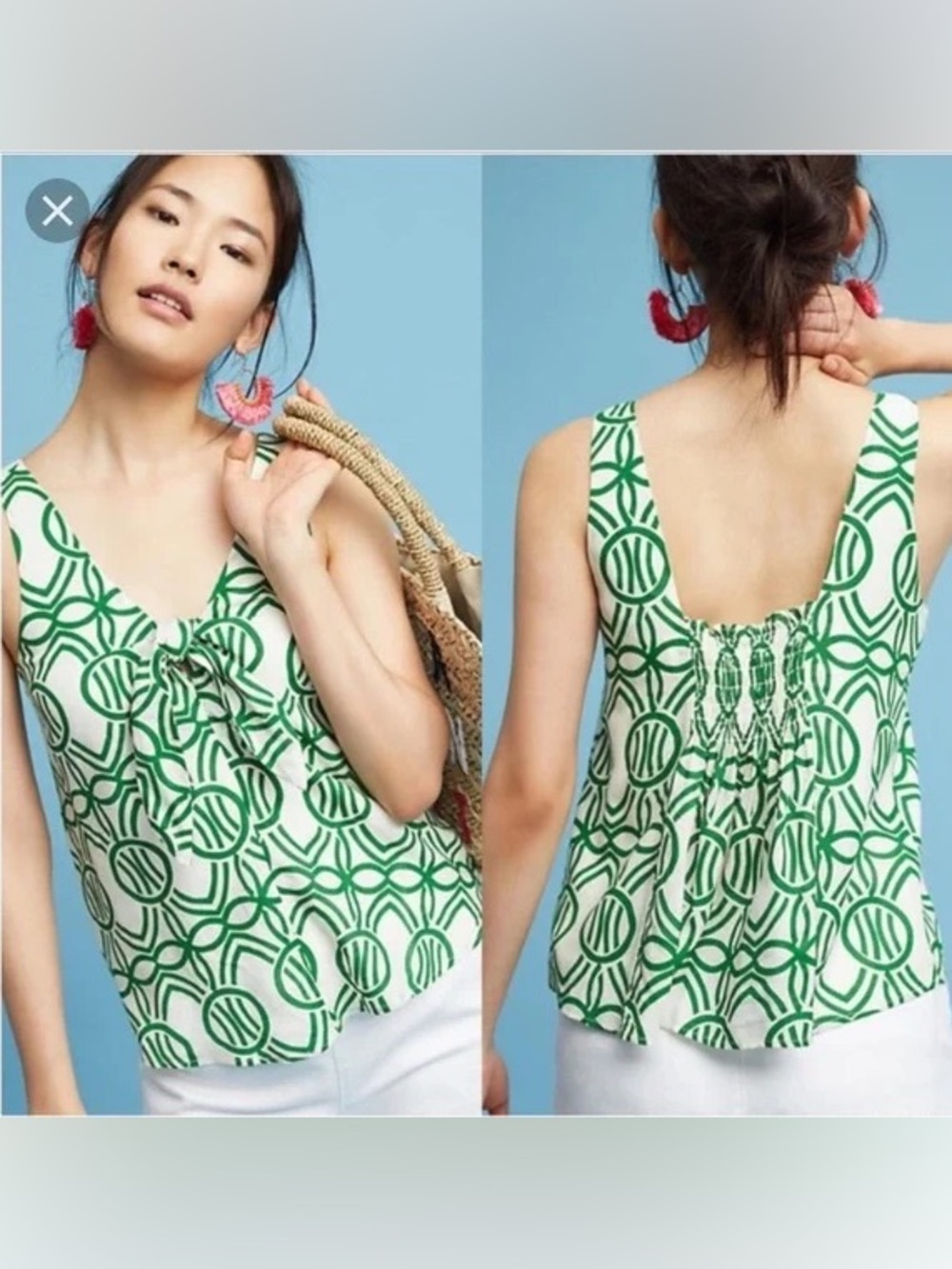Anthropologie Maeve Verena Tie-Front Blouse Green Geometric Sleeveless Top Small